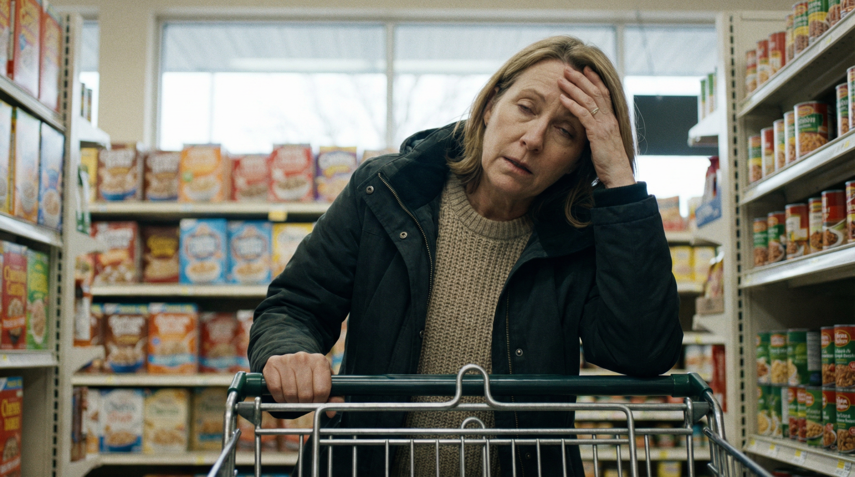 Woman pausing in a grocery store aisle, holding her head, appearing fatigued from chronic nerve discomfort